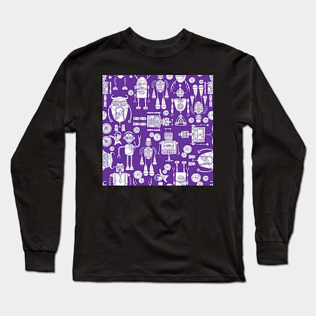 White Robots on Purple Long Sleeve T-Shirt by implexity